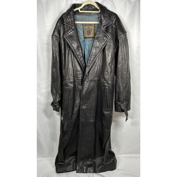 EXCELLENT Rare MIDWAY LEATHER Black Long Duster Trench Coat Jacket Men’s XL